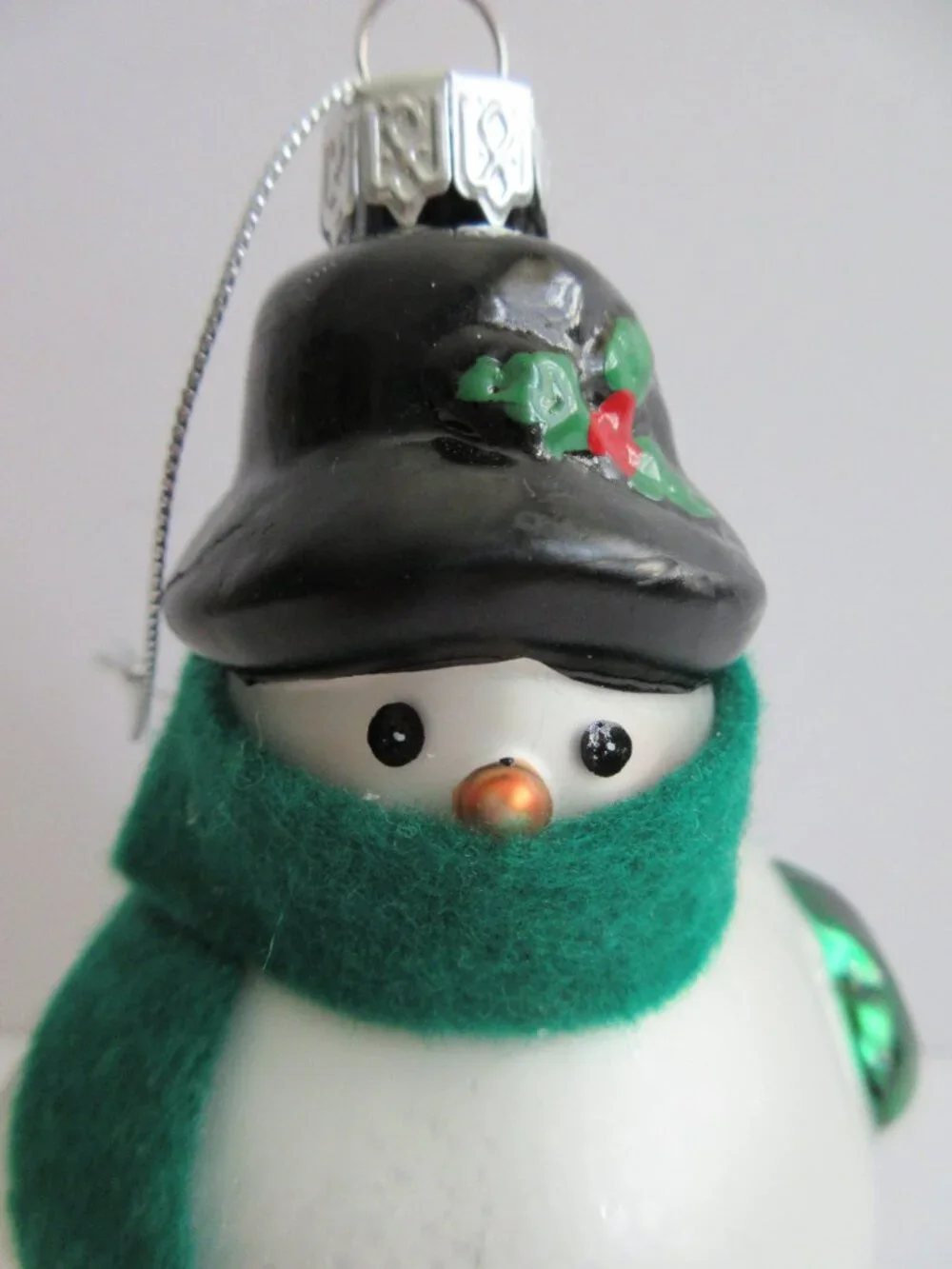 Snowman on Skis Glass Christmas Ornament Wearing Green Felt Scarf 5